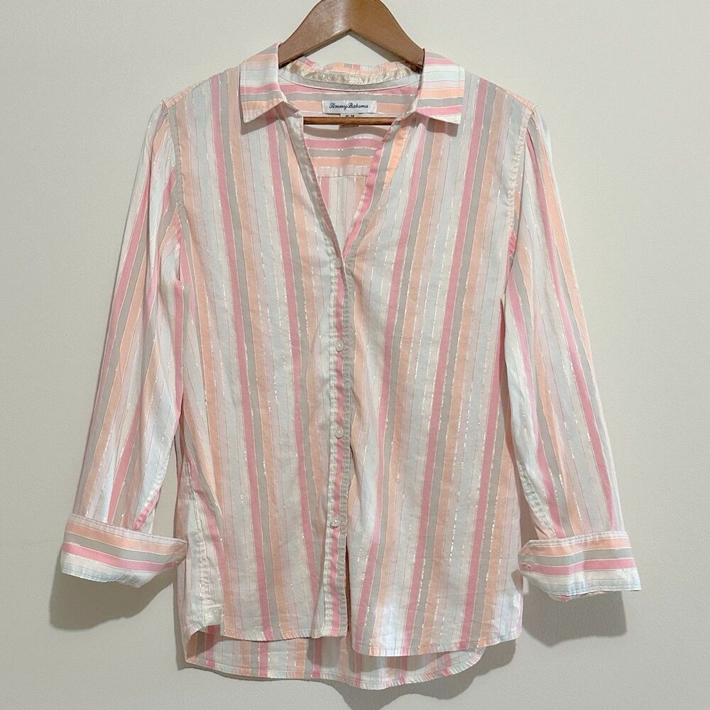 Tommy Bahama Womens Striped Shirt Cotton M Coastal Pastel Metallic Button Resort